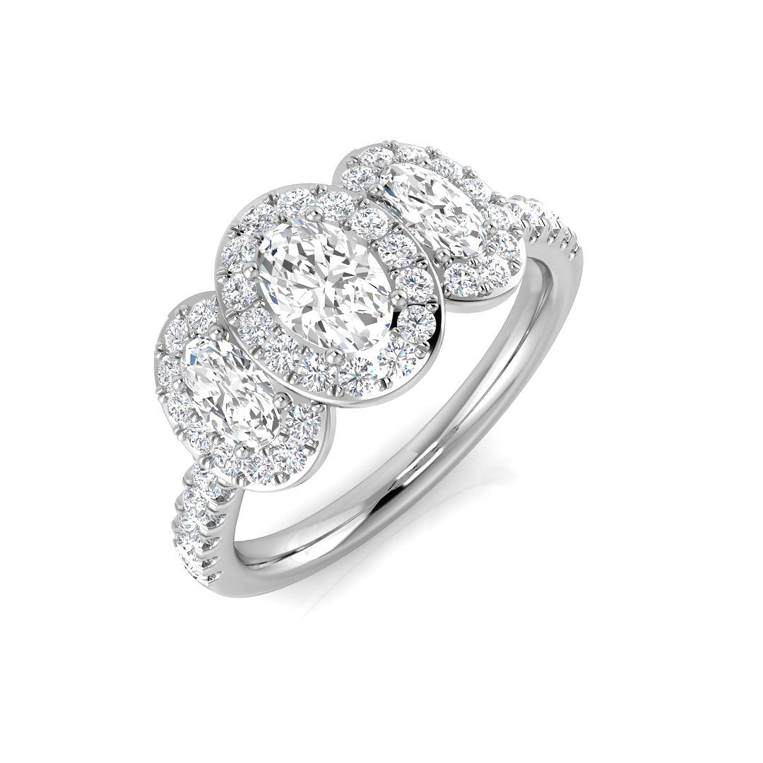 Natural Diamond Oval Cut Halo Three Stone Ring