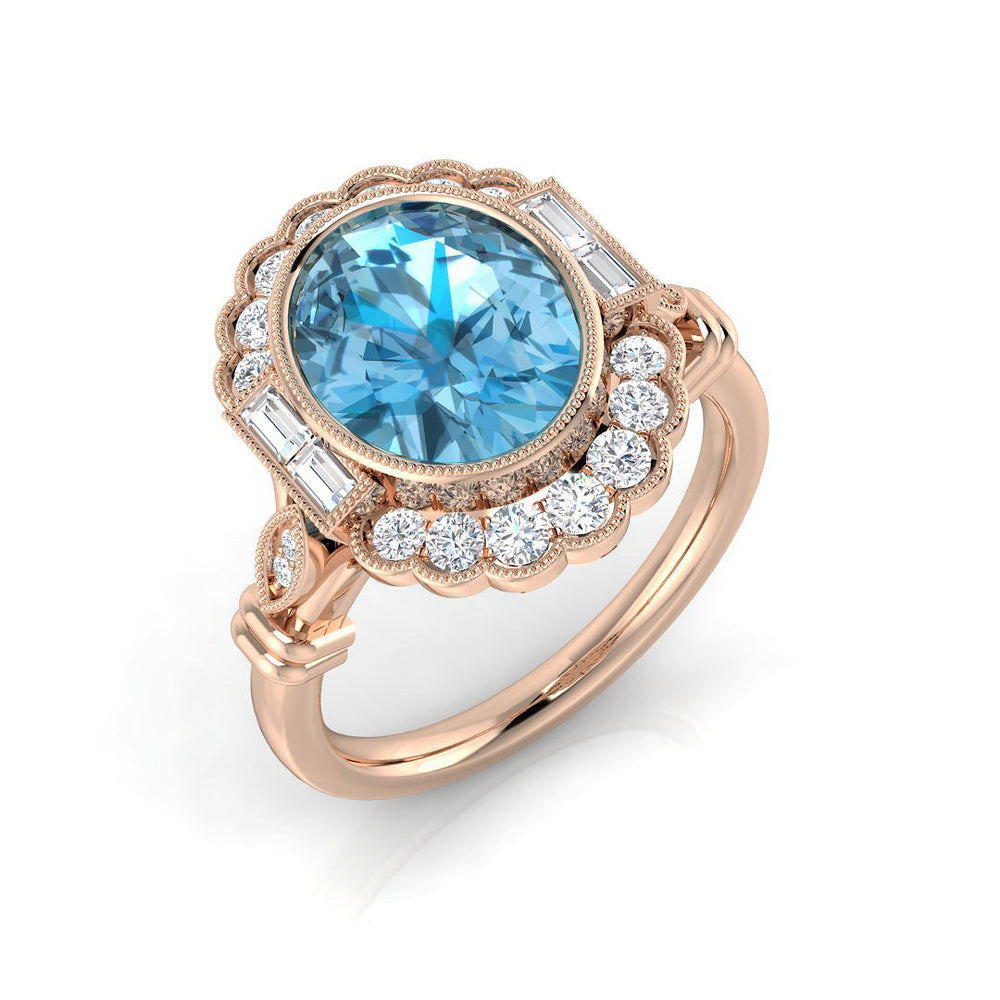 Oval Cut Blue Topaz Vintage Ring in Rose Gold UK Made