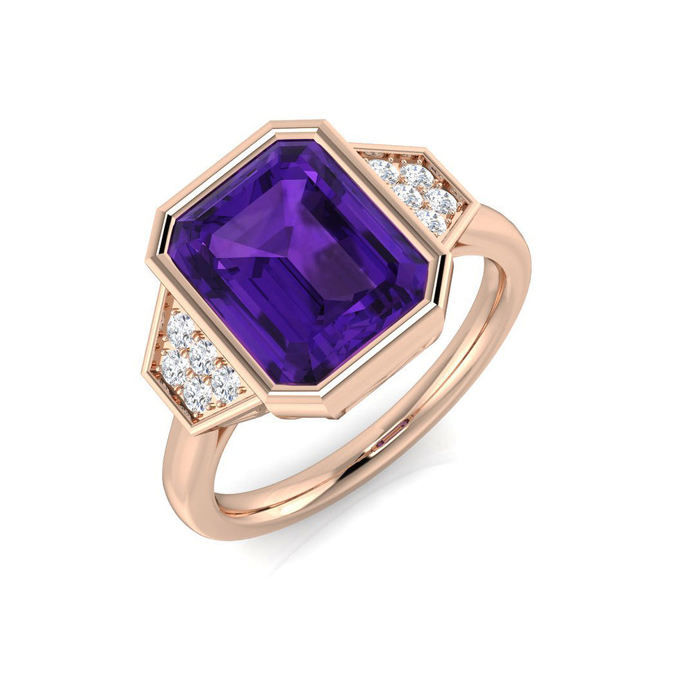 Emerald Cut Amethyst Side Stone Ring for Gift