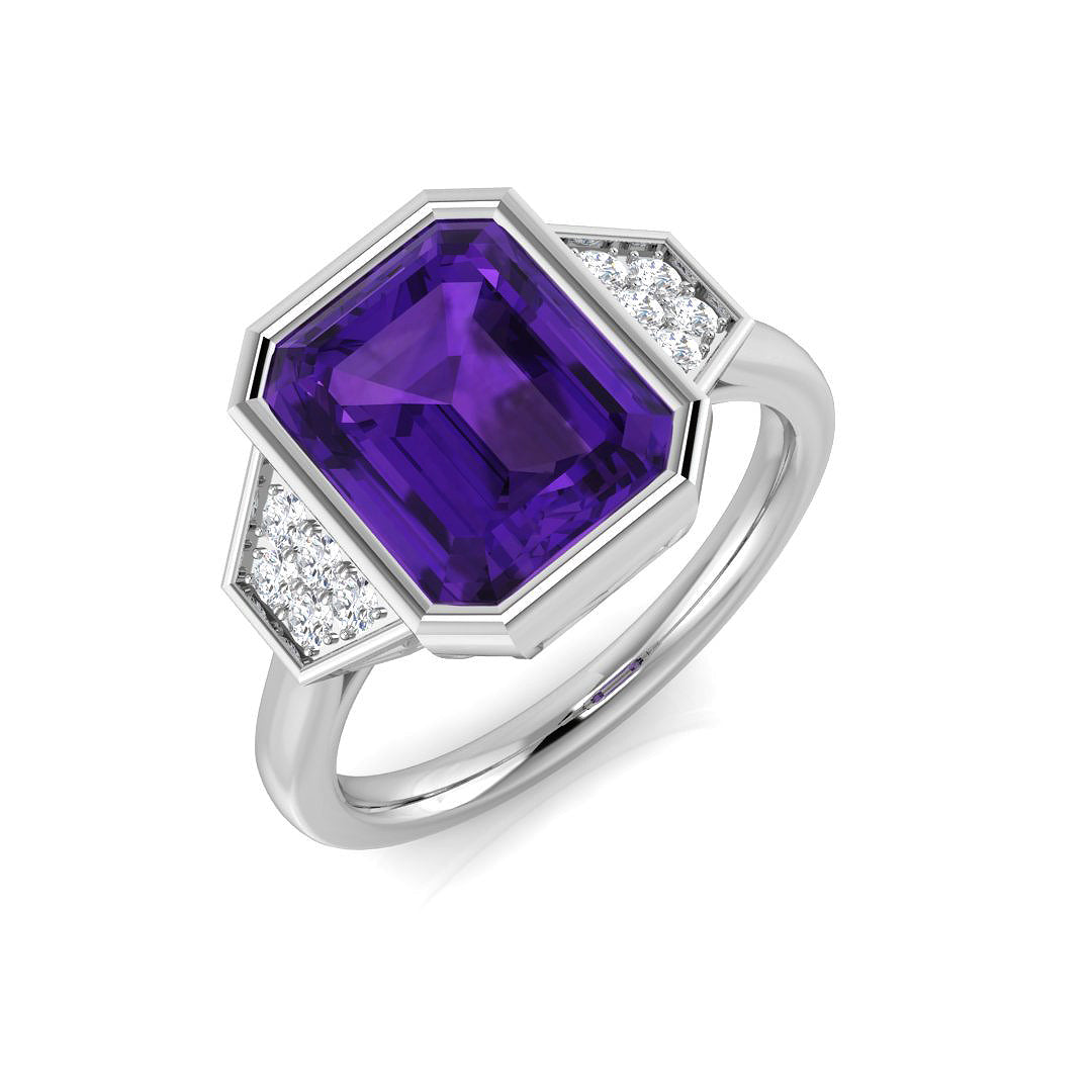 Emerald Cut Amethyst Side Stone Ring in Gold