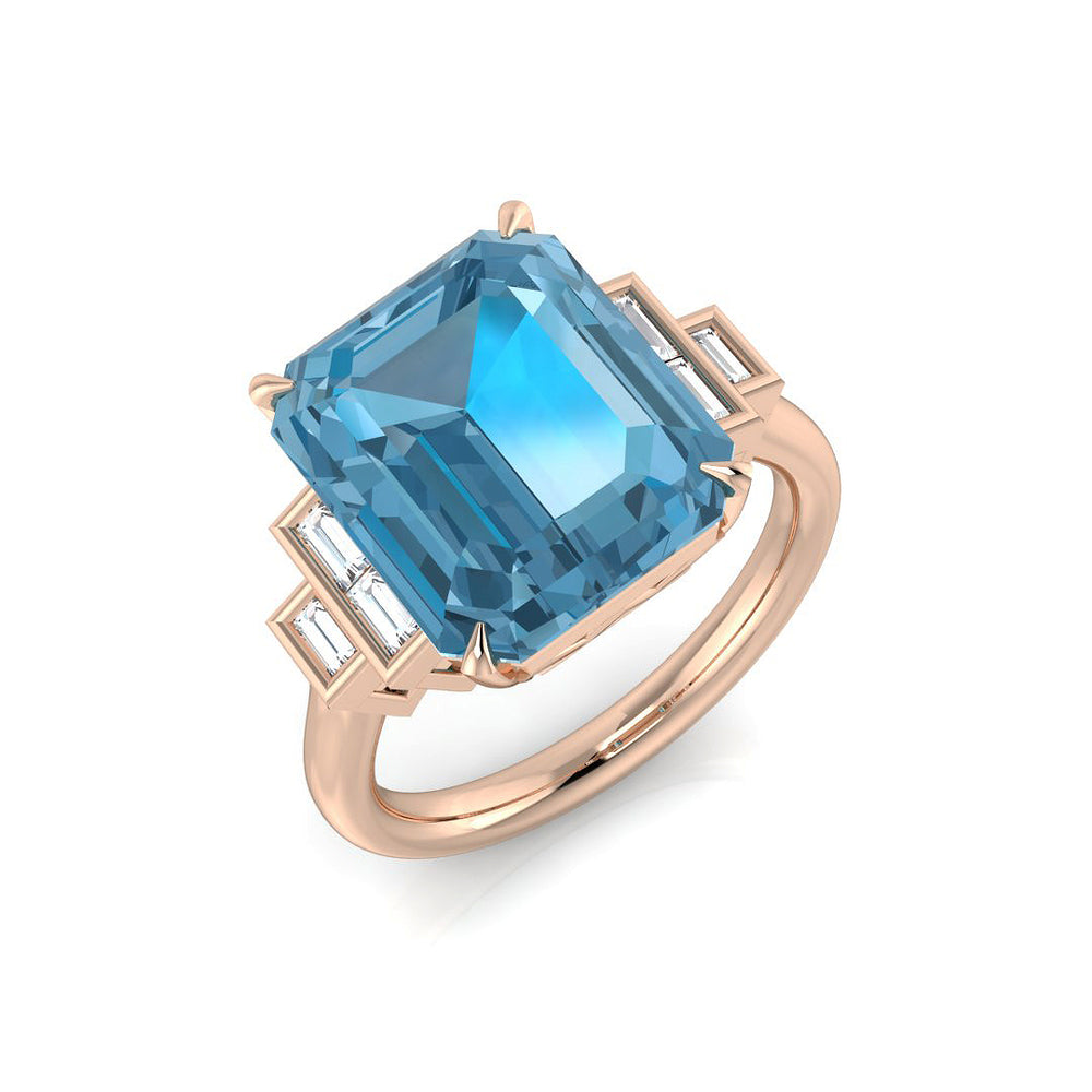 Rose Gold Emerald Cut Blue Topaz Ring with Side Baguette Diamonds