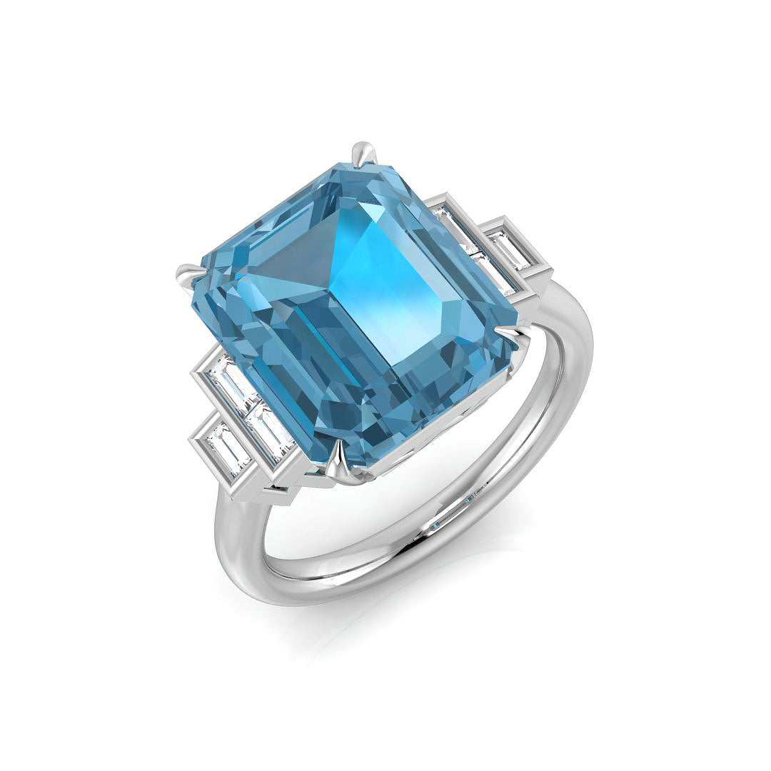 Emerald Cut Blue Topaz Solitaire Ring with Side Baguette Diamonds in White Gold