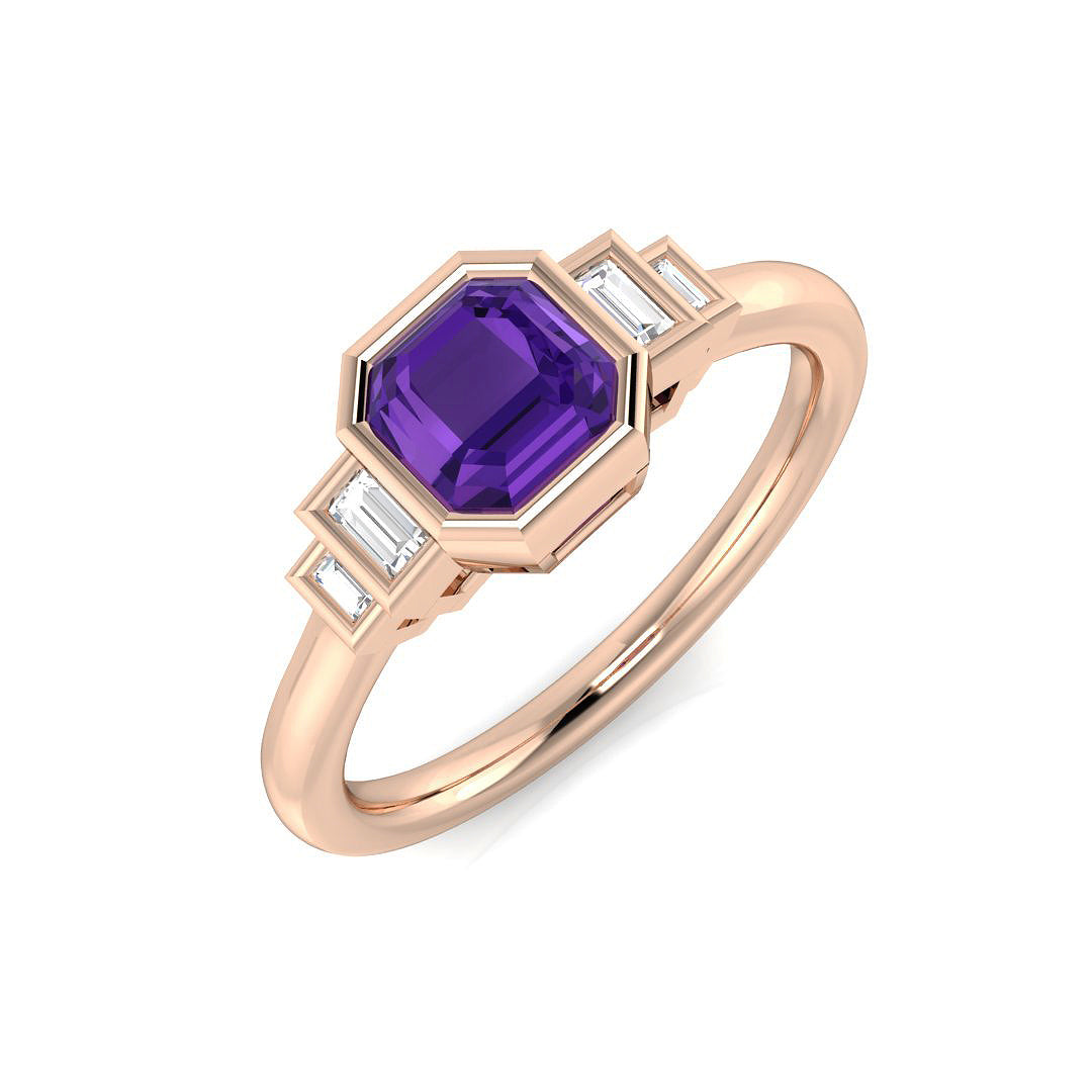 Cushion Cut Amethyst Ring Five Stone Ring with Natural Baguette