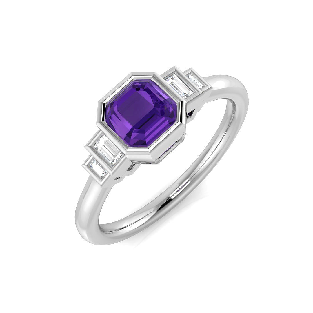 Cushion Cut Amethyst Ring Five Stone Ring with Natural Baguette