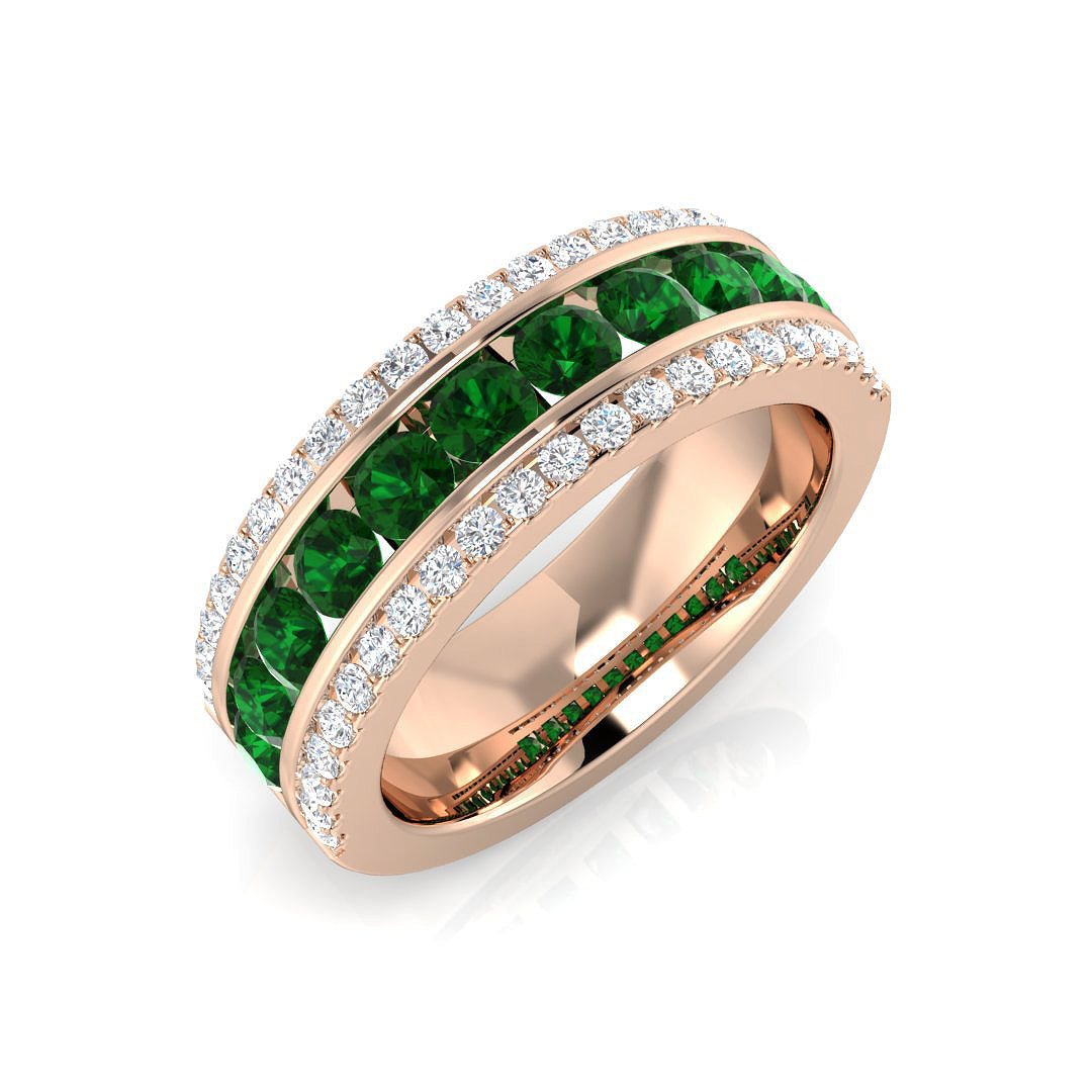Emerald Half Eternity Ring with natural diamonds on rose gold band, featuring vibrant round cut emerald gemstones.