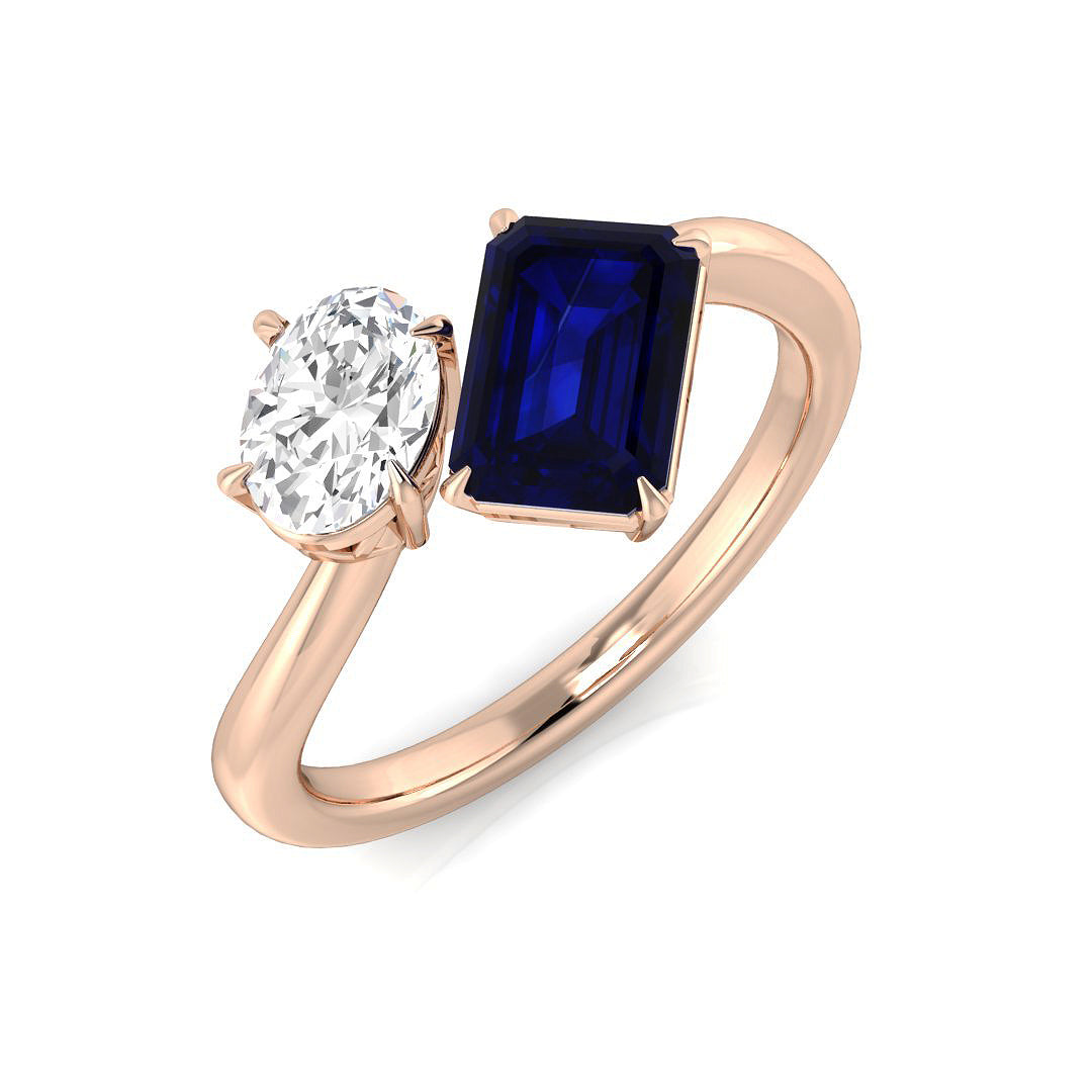 Blue Sapphire Toi Et Moi Two Stone Ring with Oval Diamond