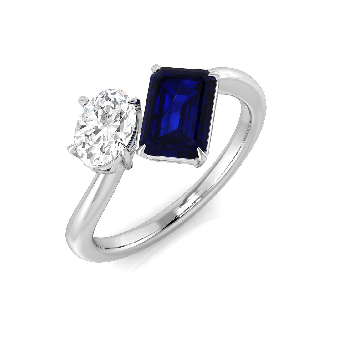 Blue Sapphire Toi Et Moi Two Stone Ring with Oval Diamond