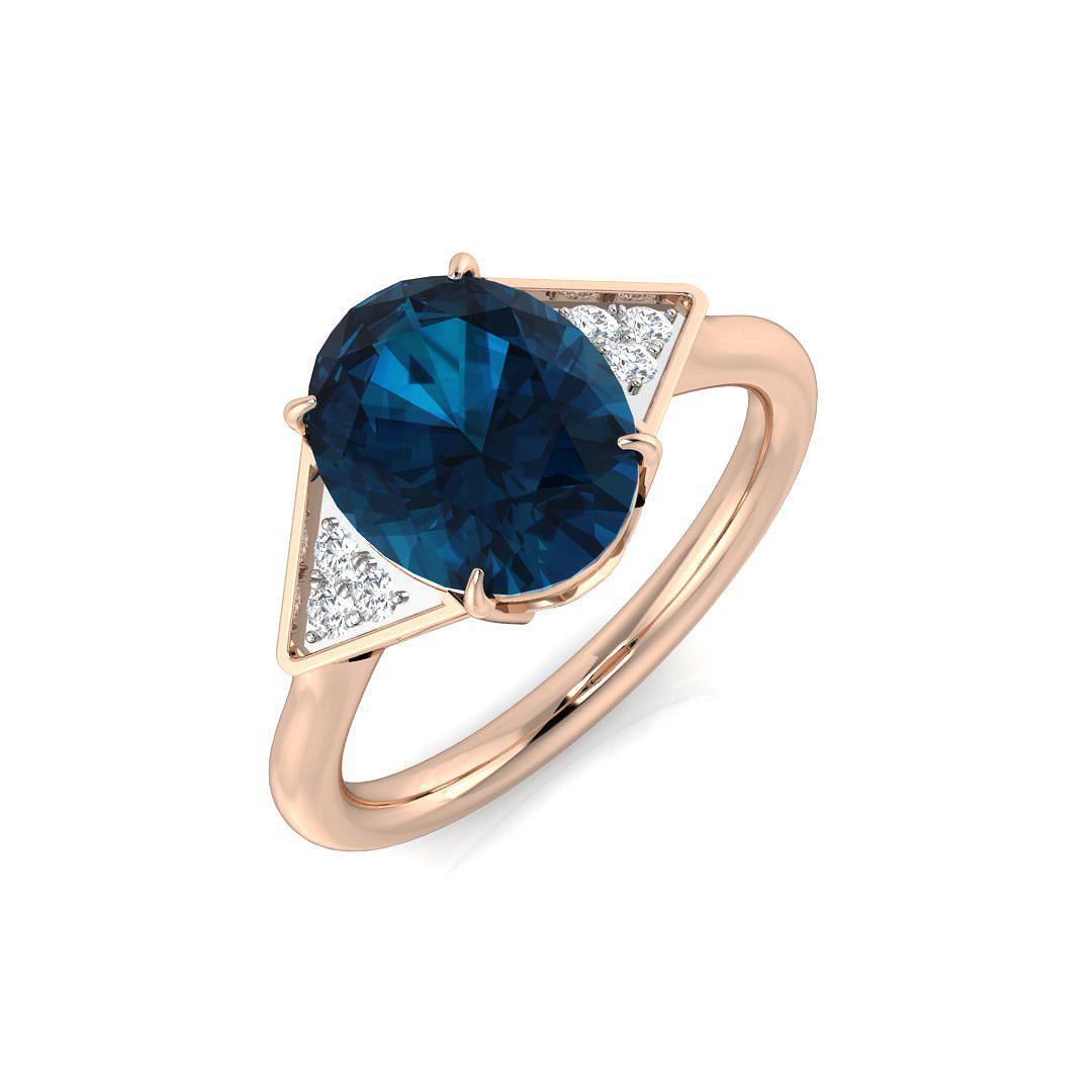 Rose Gold London Blue Topaz Solitaire Ring with Side Diamonds