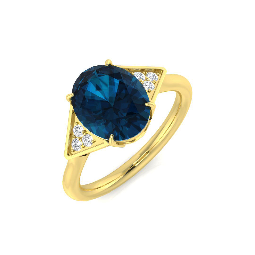 Yellow Gold London Blue Topaz Ring with Diamond Pave Accents
