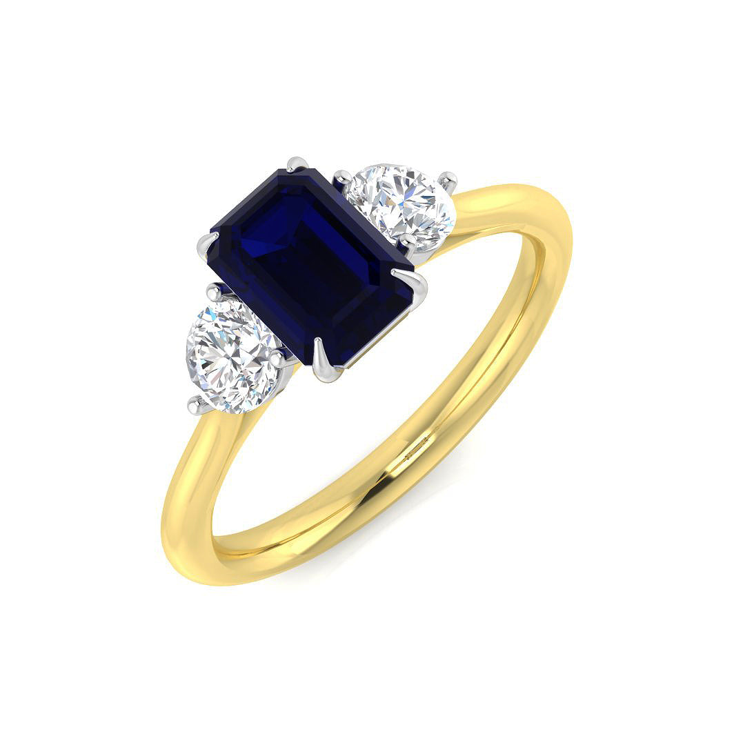Blue Sapphire Ring, Yellow Gold Gemstone Ring, Three Stone Ring