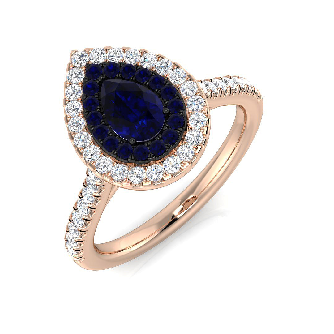 Pear Sapphire Halo Ring with Natural Round Pave Diamonds | Gold & Platinum Hallmarked