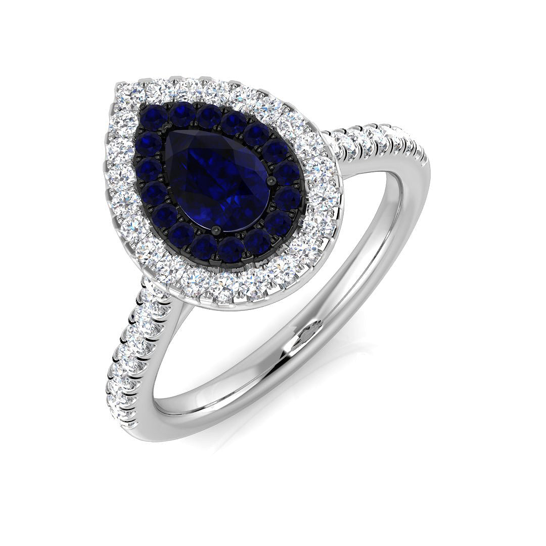 Pear Sapphire Halo Ring with Natural Round Pave Diamonds | Gold & Platinum Hallmarked