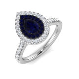Pear Sapphire Halo Ring with Natural Round Pave Diamonds | Gold & Platinum Hallmarked