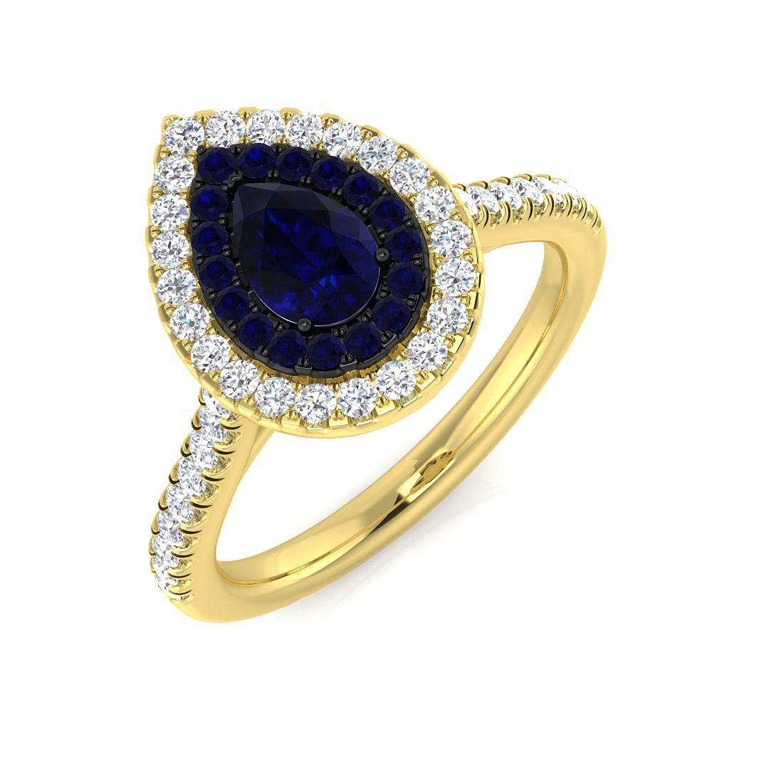 Pear Sapphire Halo Ring with Natural Round Pave Diamonds | Gold & Platinum Hallmarked
