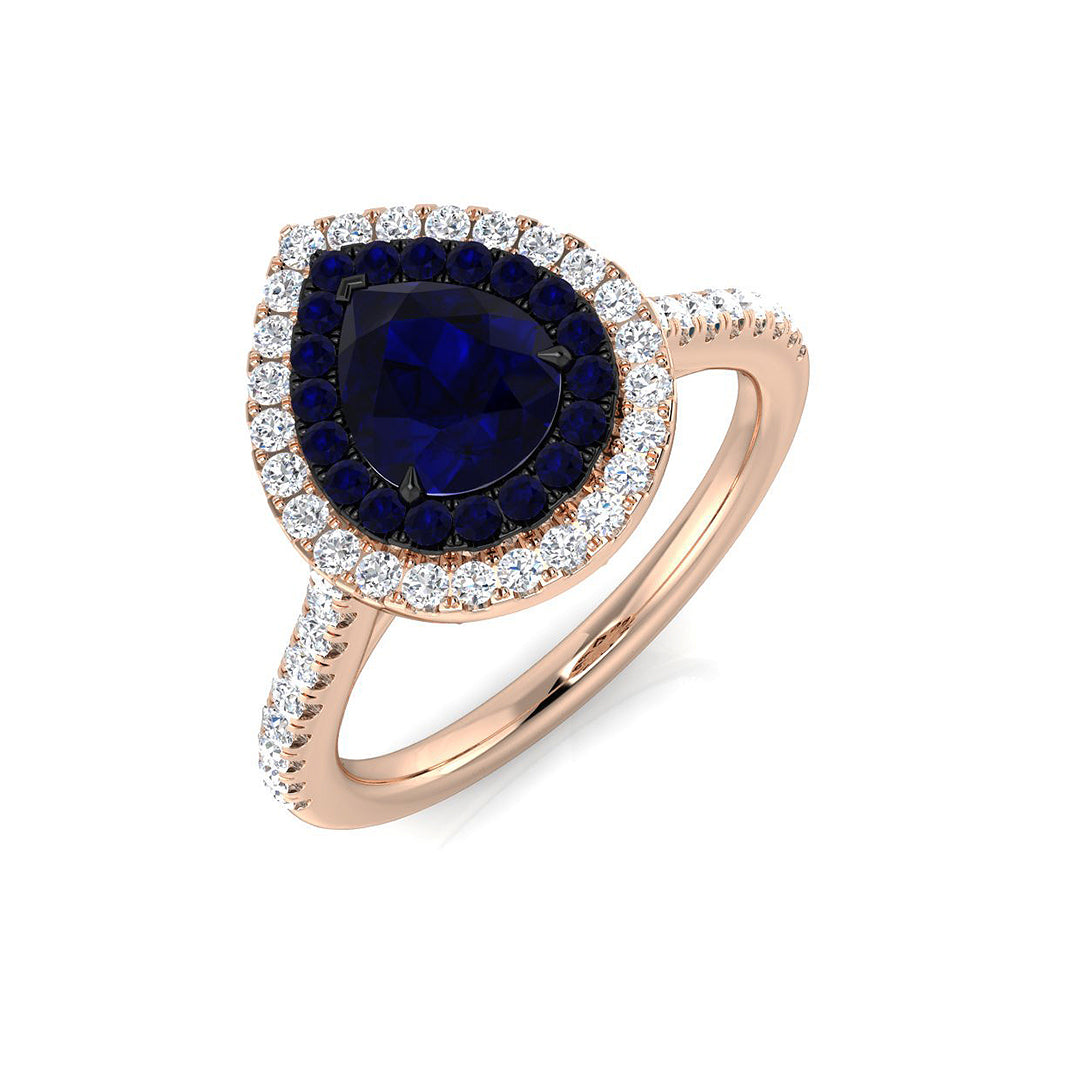 Pear Sapphire Halo Ring with Natural Diamond Pave Band | UK Hallmarked