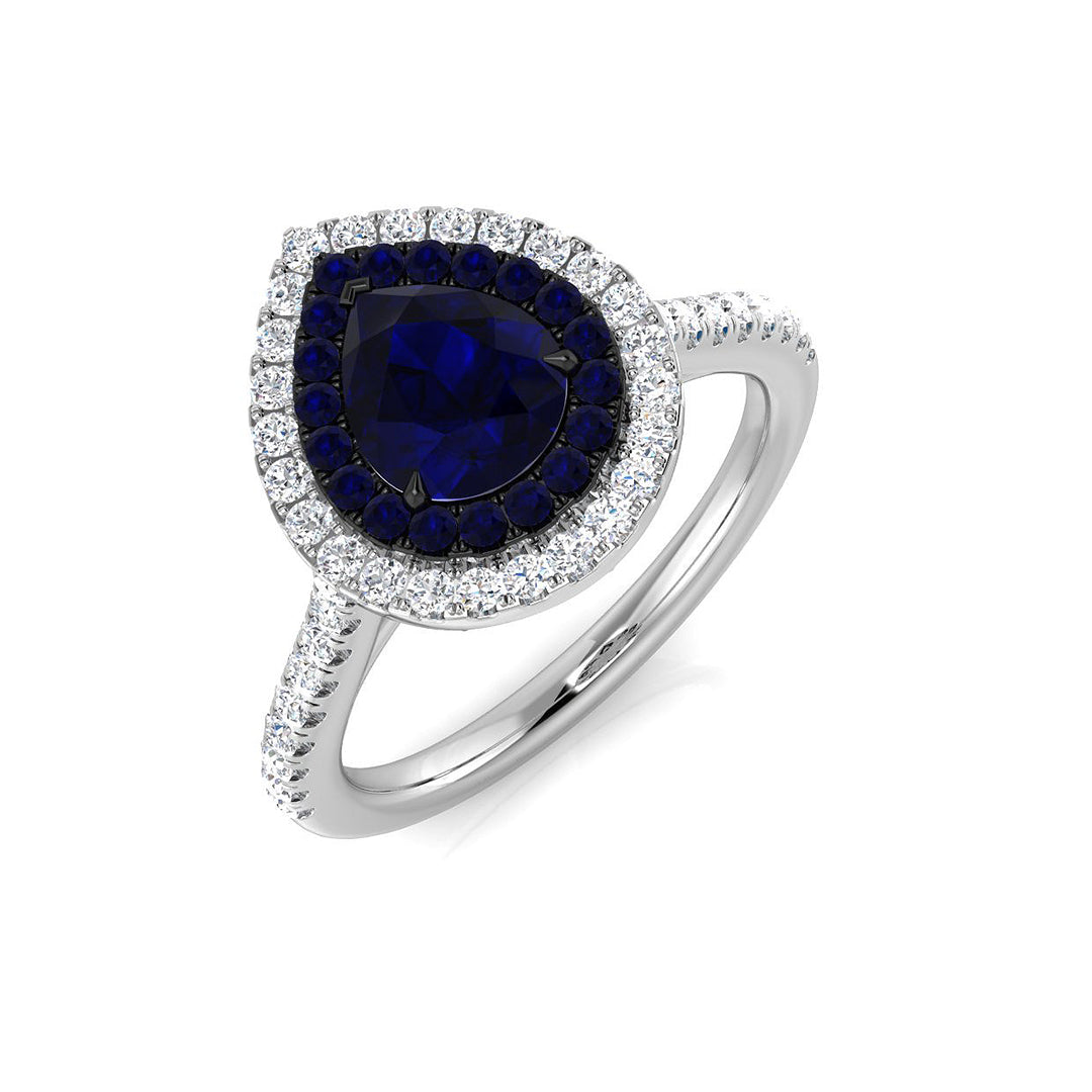 Pear Sapphire Halo Ring with Natural Diamond Pave Band | UK Hallmarked