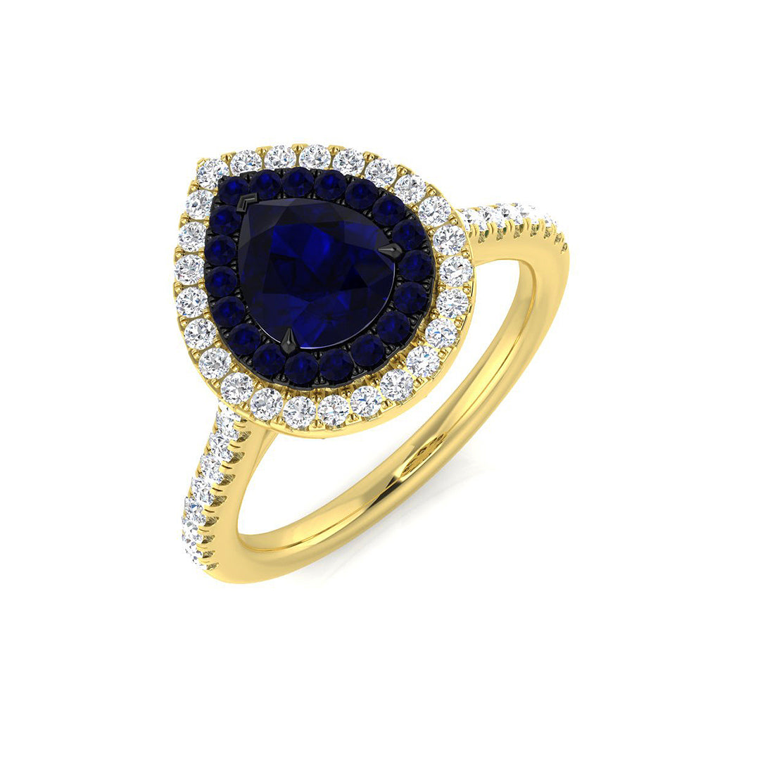Pear Sapphire Halo Ring with Natural Diamond Pave Band | UK Hallmarked