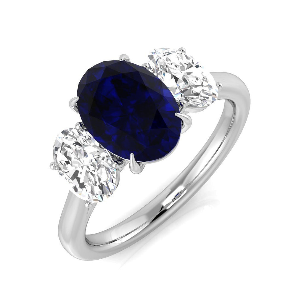 Oval Blue Sapphire Three Stone Ring with Diamonds