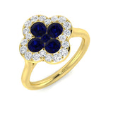 Clover Design Blue Sapphire Flower Ring with Diamonds