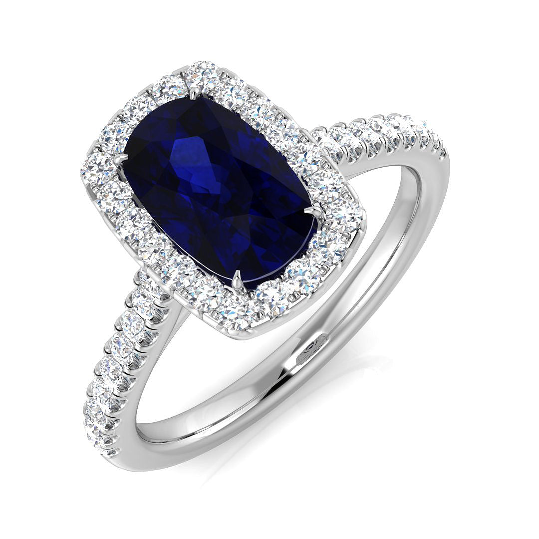 Blue Sapphire Halo Diamond Ring | Engagement Ring | UK Hallmarked Gold & Platinum