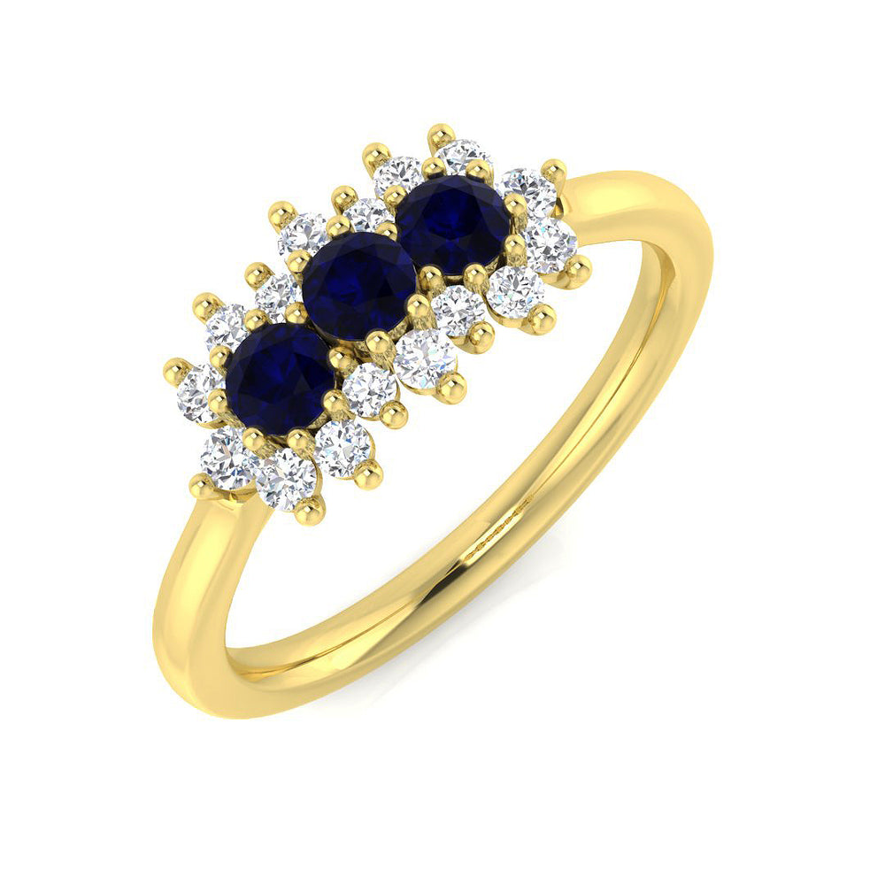 Floral cluster sapphire and diamond three stone ring