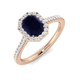 Emerald Cut Blue Sapphire Halo Ring with Natural Round Cur Pave Band | Gemstone Ring