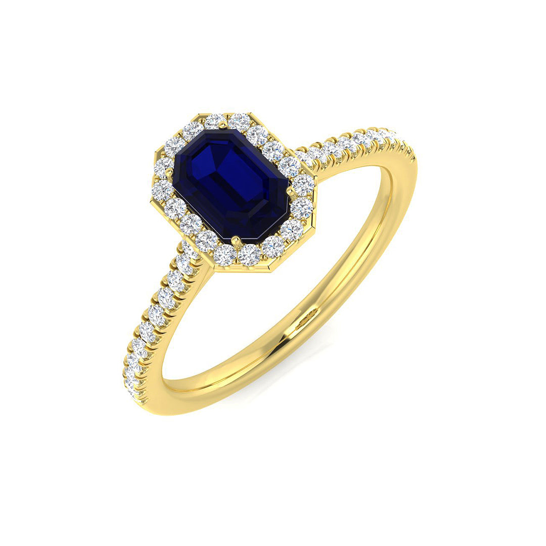 Emerald Cut Sapphire Halo Engagement Ring with Pave Band | Natural Diamond