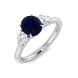 9K Yellow Gold Round Cut Natural Diamond Three-Stone Ring with Oval Colour Gemstone