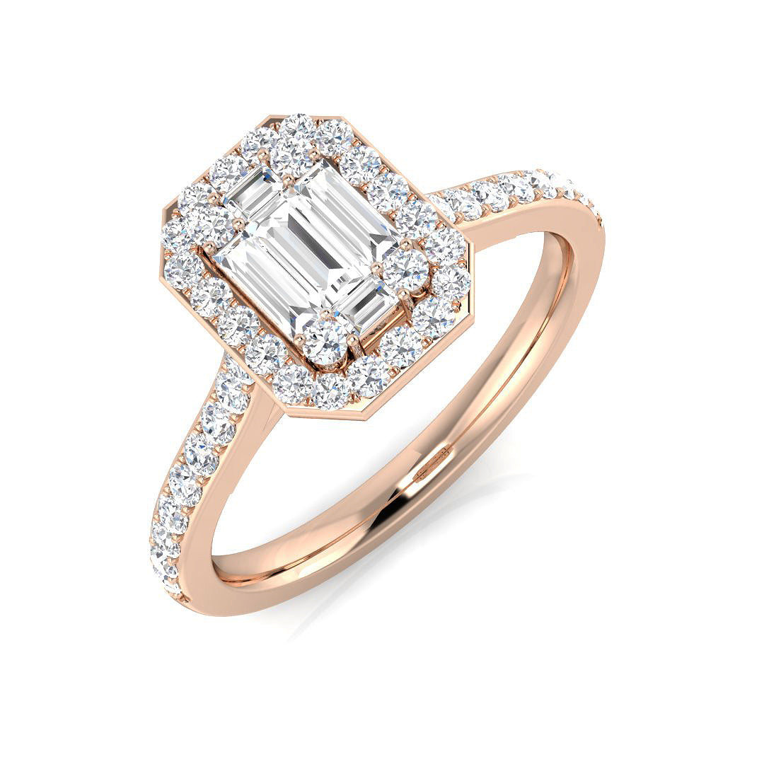 Baguette & Round Cut Diamond Halo Engagement Ring in Gold & Platinum
