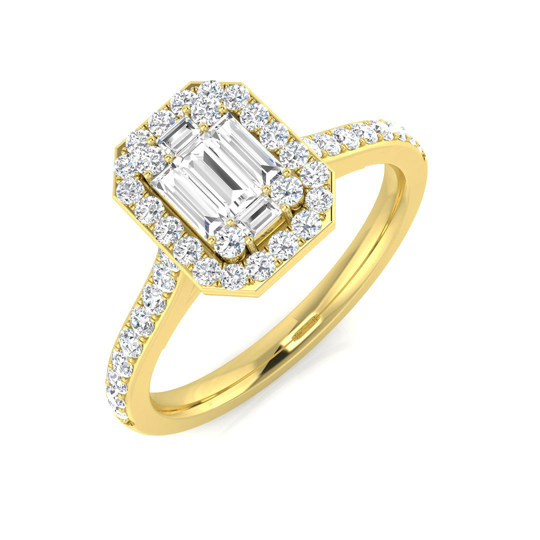 Baguette & Round Cut Diamond Halo Engagement Ring in Gold & Platinum