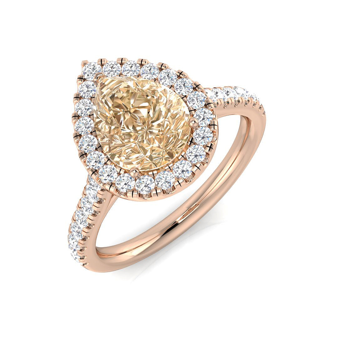 Morganite Diamond Halo Engagement Ring | Pear Morganite with Round Diamonds| 1ct - 5ct