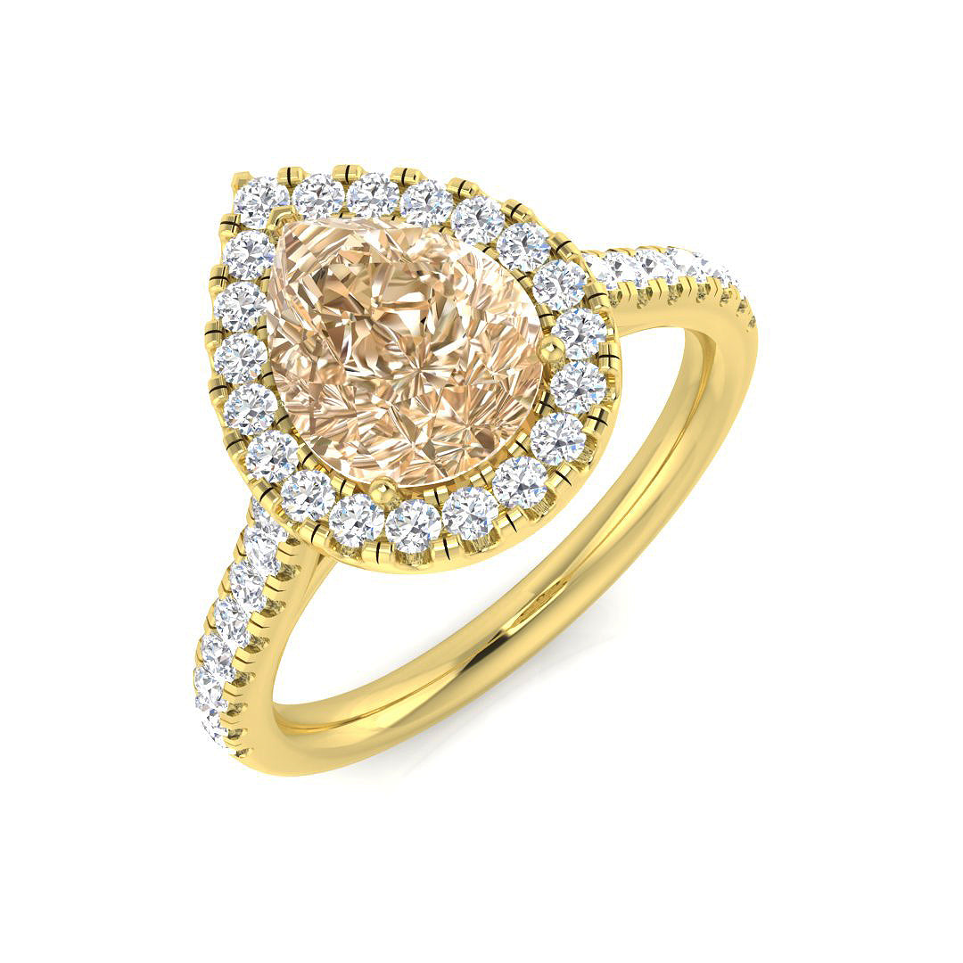 Morganite Diamond Halo Engagement Ring | Pear Morganite with Round Diamonds| 1ct - 5ct