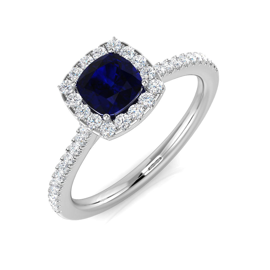 Cushion Cut Blue Sapphire Halo Ring with Natural Round Pave Band | UK Hallmarked
