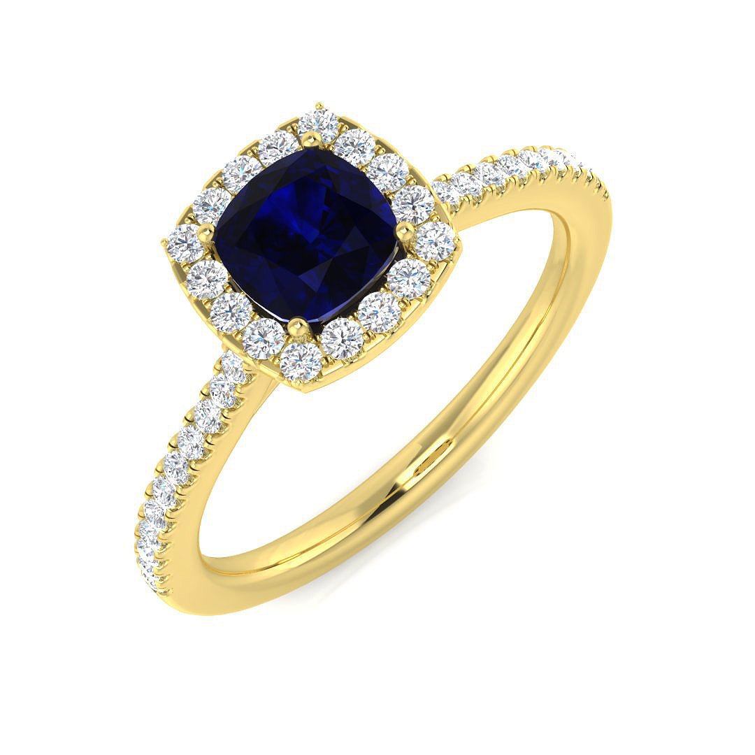 Cushion Cut Blue Sapphire Halo Ring with Natural Round Pave Band | UK Hallmarked