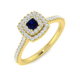 Princess Cut Blue Sapphire Double Halo Diamond Engagement Ring - UK Made