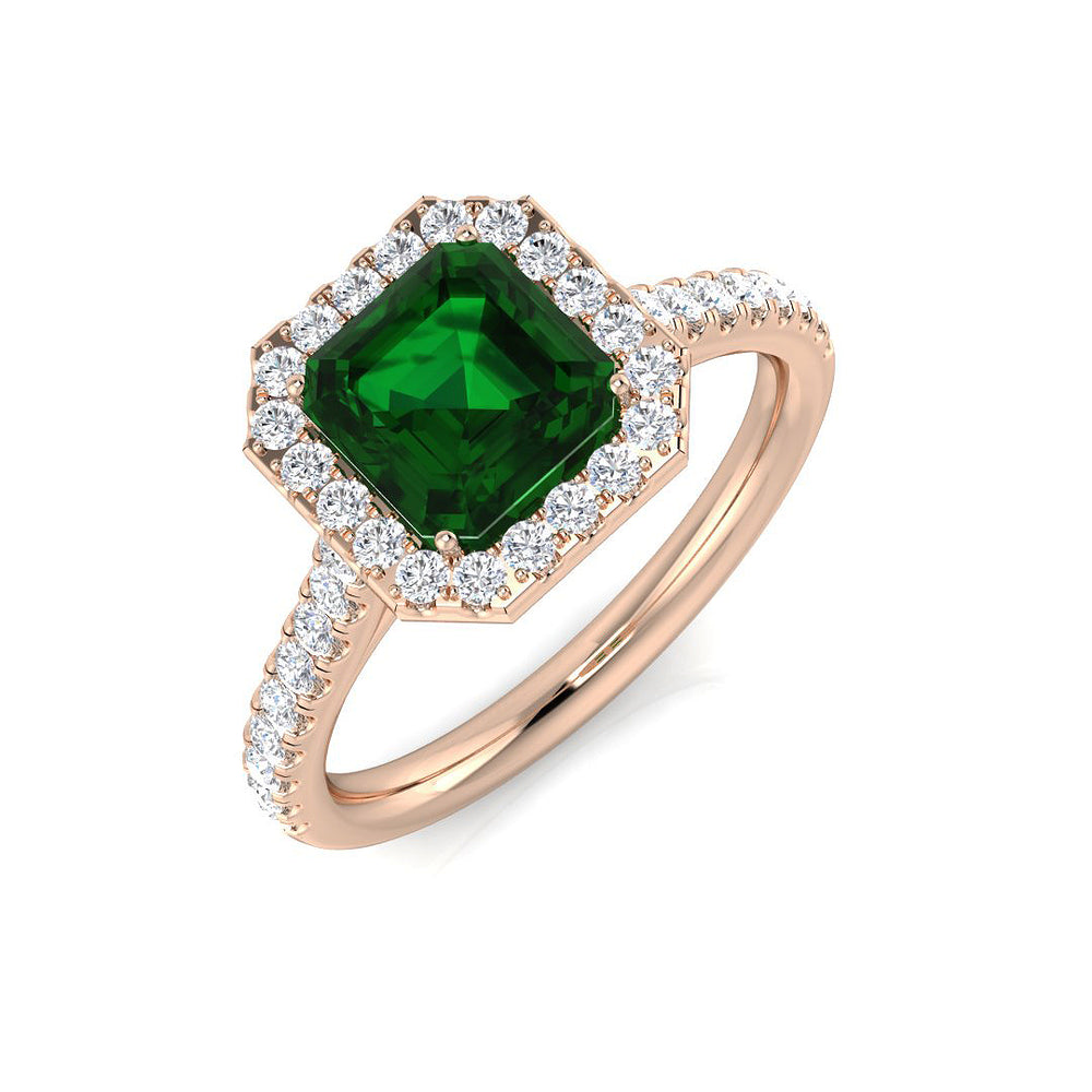 Solitaire Emerald Halo Ring with Diamond Halo