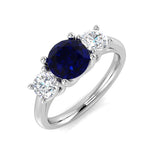 Blue Sapphire Three Stone Ring with Natural Round Side Stone | Classic Trilogy Design