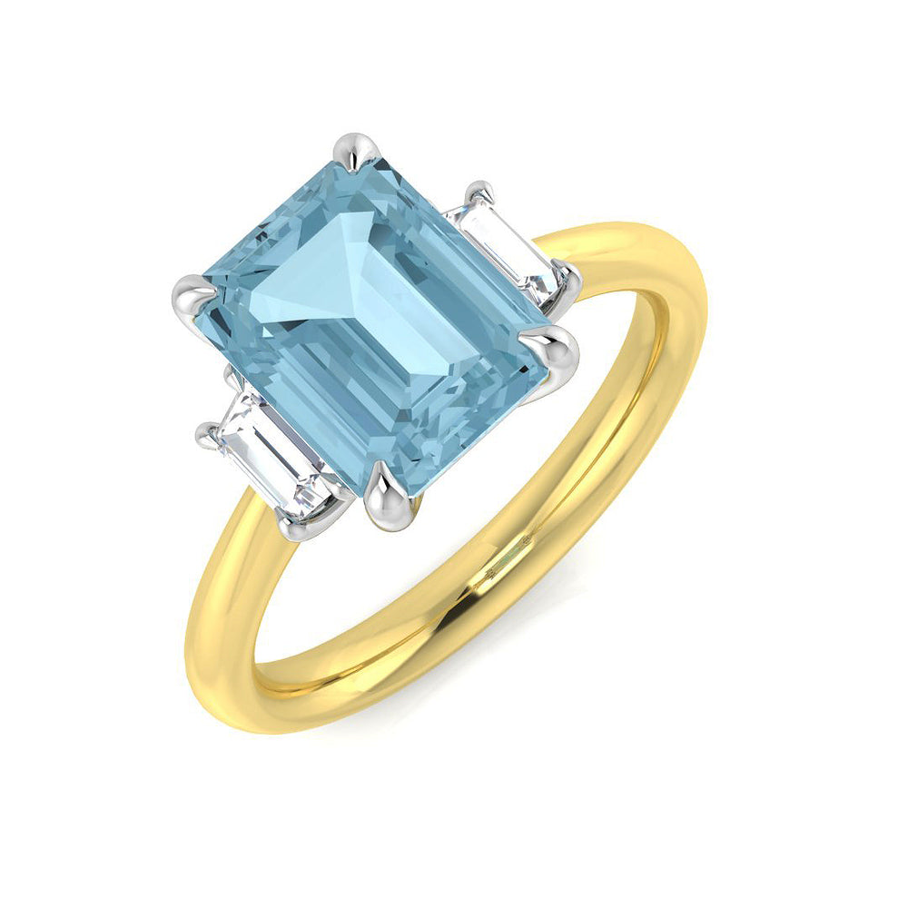 Yellow Gold Emerald Cut Aquamarine Three Stone Ring