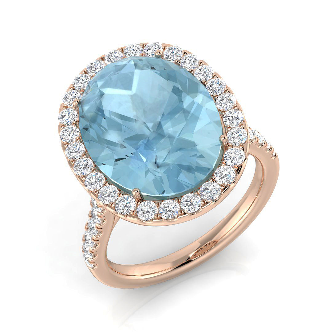 Rose Gold Oval Cut Aquamarine Cocktail Ring with Pave Diamonds