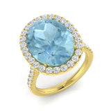 Yellow Gold Oval Cut Aquamarine Cocktail Ring with Pave Diamonds