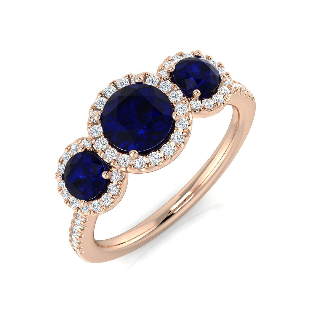 Diamond Three Stone Ring, Platinum Diamond Ring, Gemstone Halo Ring