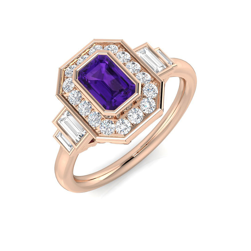 Rose Gold Emerald Cut Amethyst Halo Engagement Ring with Diamonds