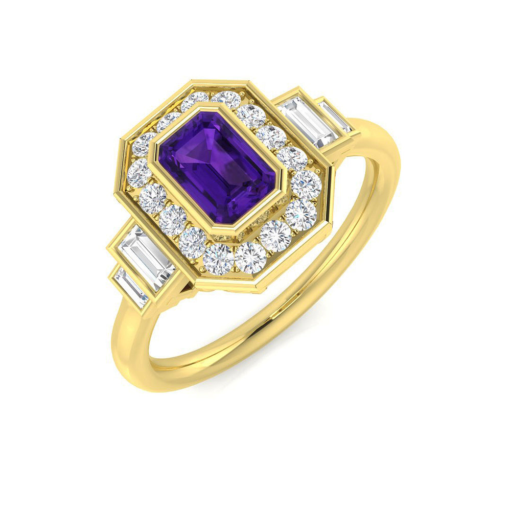 Yellow Gold Amethyst Emerald Cut Halo Diamond Ring with Baguette Side Stones