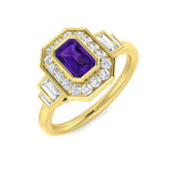 Yellow Gold Amethyst Emerald Cut Halo Diamond Ring with Baguette Side Stones