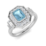 White Gold Emerald Cut Aquamarine Ring with Diamond Side Stones
