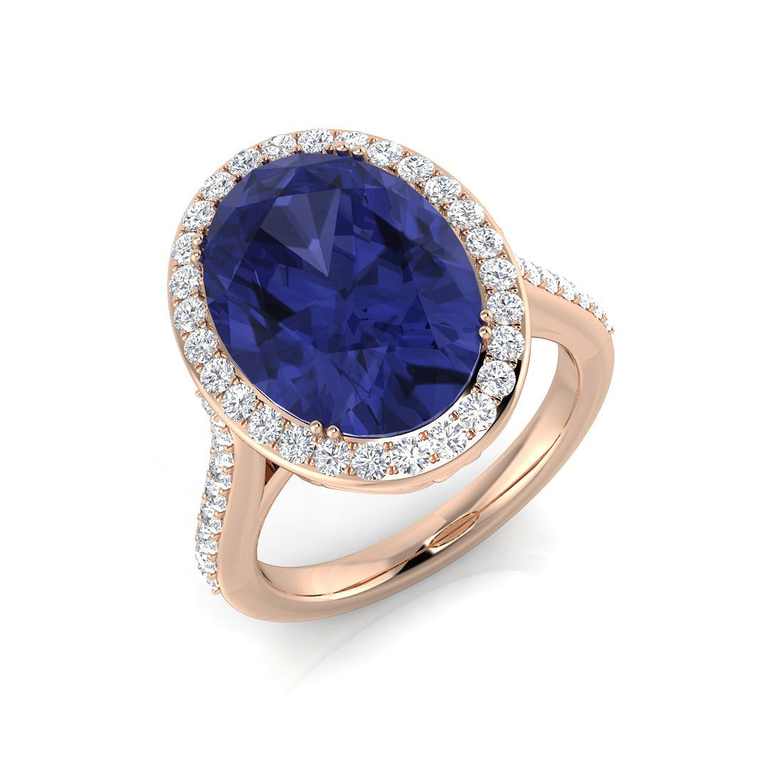 Oval Cut Tanzanite & Round Diamond Halo Engagement Ring | UK Hallmarked Gold & Platinum