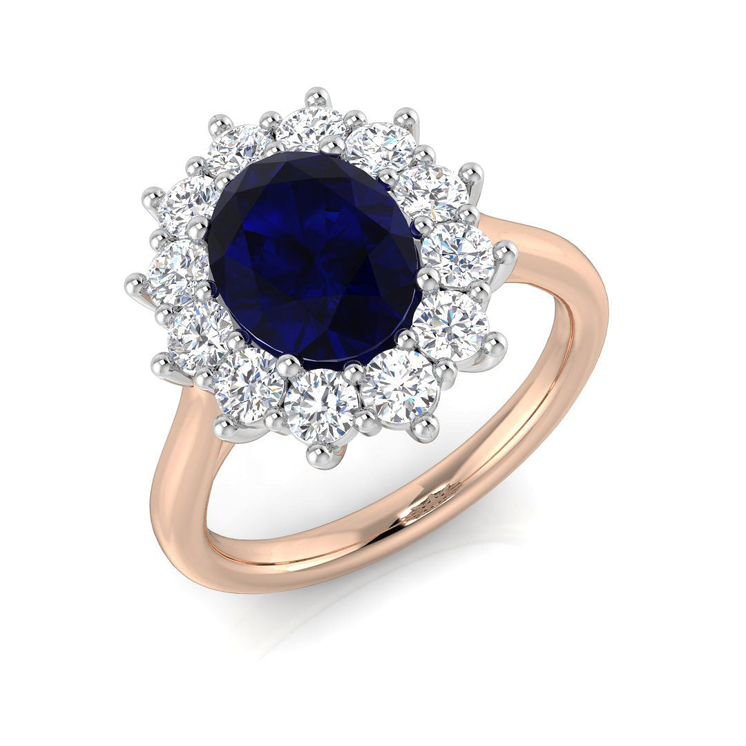 Oval Cut Blue Sapphire Diamond Halo Ring with Round Cluster | Fine Jewellery