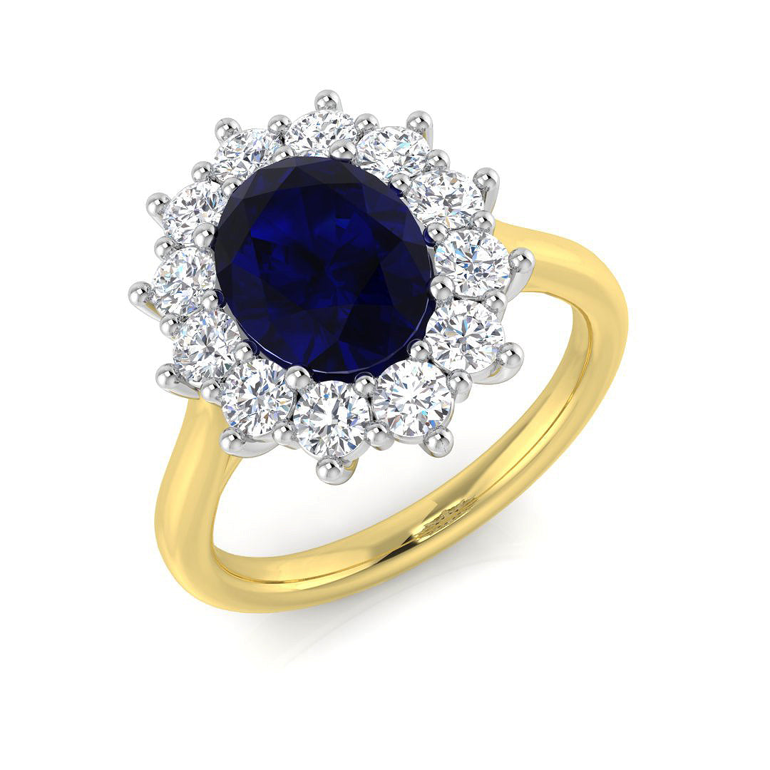 Oval Cut Blue Sapphire Diamond Halo Ring with Round Cluster | Fine Jewellery