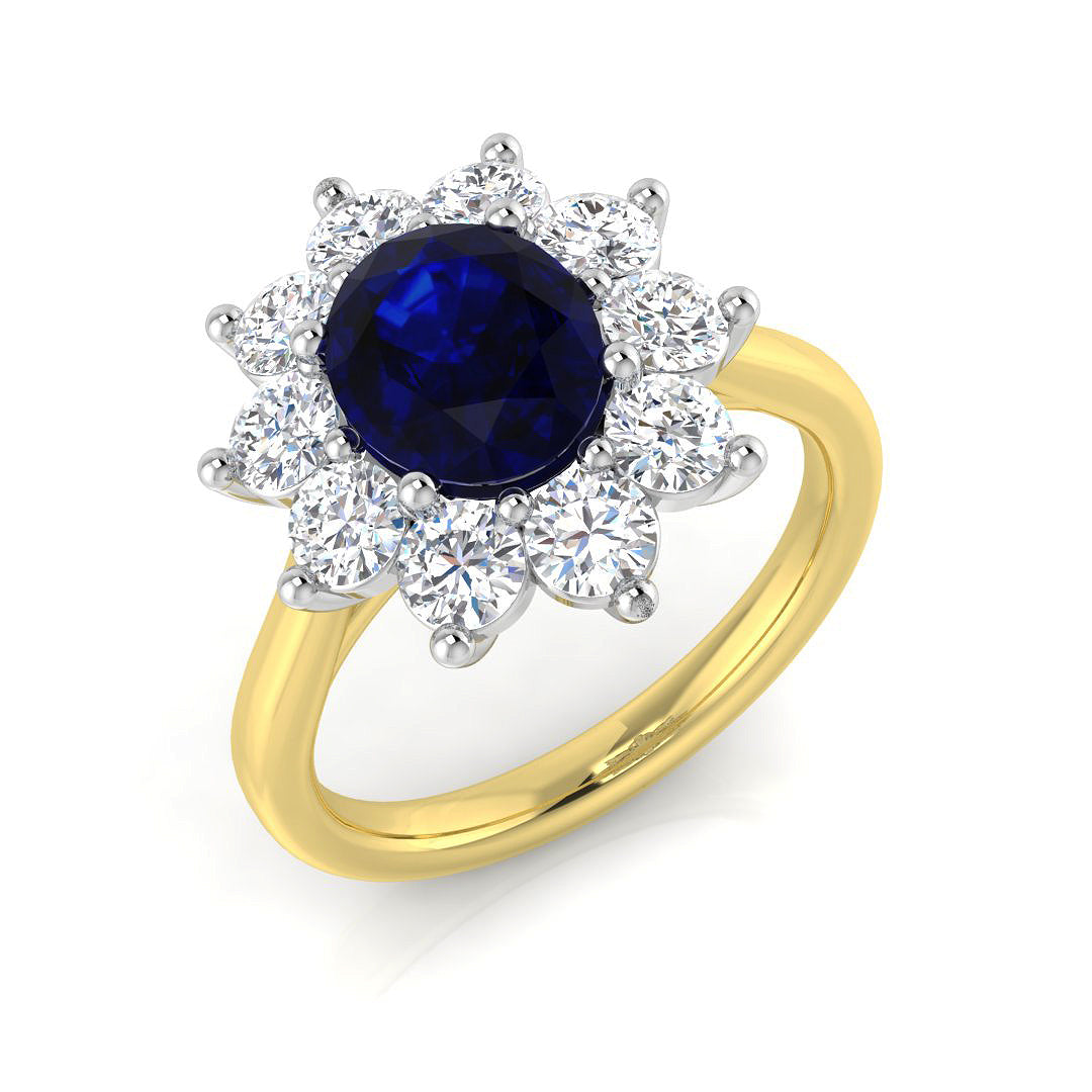 Oval Cut Blue Sapphire Halo Ring with Round Cluster Diamond | Natural & Lab Diamond