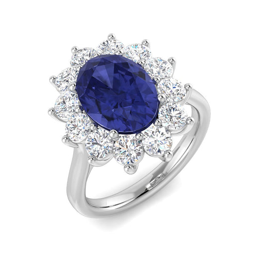 Oval Cut Tanzanite Cluster Gemstone Halo Ring in Platinum